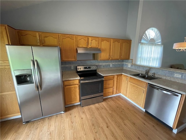 206 Saddlebrook Dr, White Twp Ind, PA 15701 - kitchen featuring stainless steel appliances, under cabinet range hood, a sink, light wood finished floors, and high vaulted ceiling