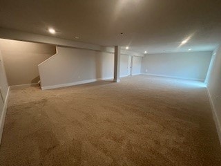 328 Stately Ct, Adams Twp, PA 16046 - finished below grade area with carpet, stairway, baseboards, and recessed lighting