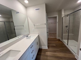 328 Stately Ct, Adams Twp, PA 16046 - bathroom featuring wood finished floors, a shower stall, double vanity, a walk in closet, and baseboards