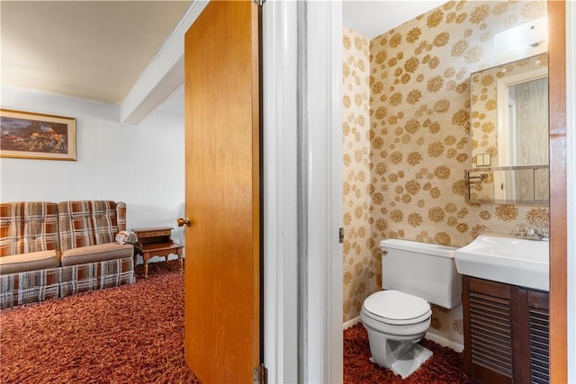 216 Bainbridge Dr, Center Twp Bea, PA 15001 - half bath featuring vanity, toilet, beam ceiling, wallpapered walls, and baseboards