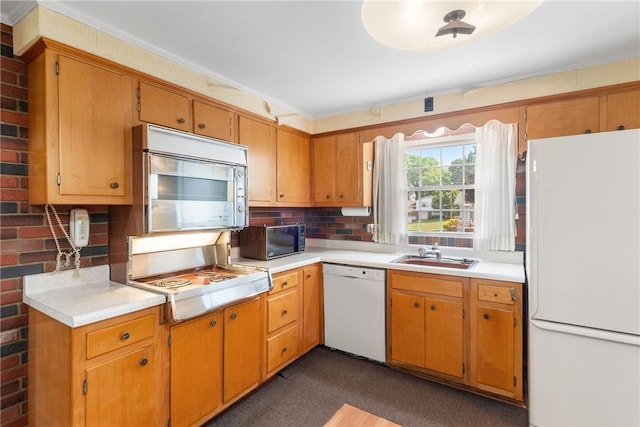 216 Bainbridge Dr, Center Twp Bea, PA 15001 - kitchen with white appliances, a sink, light countertops, and backsplash