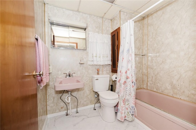 721 W Mahoning St, Punxsutawney Area School District, PA 15767 - bathroom featuring toilet, shower / tub combo with curtain, marble finish floors, and a sink