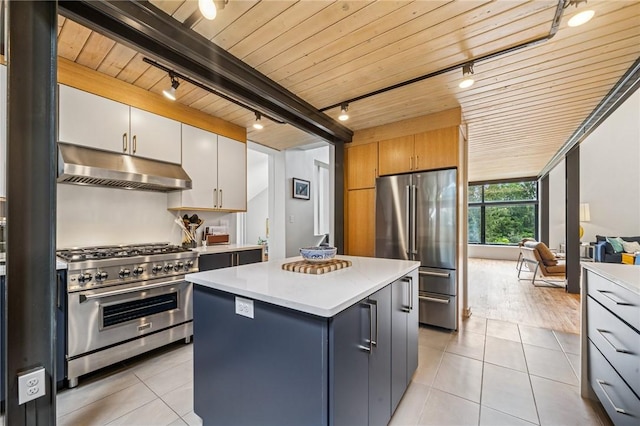 340 Lakewood Rd, Unity Twp, PA 15601 - kitchen with rail lighting, high end appliances, under cabinet range hood, light tile patterned floors, and wood ceiling