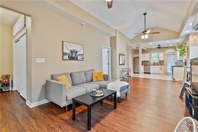 1503 Kenberma Ave, Beechview, PA 15216 - living area featuring ceiling fan, wood finished floors, lofted ceiling, baseboards, and recessed lighting