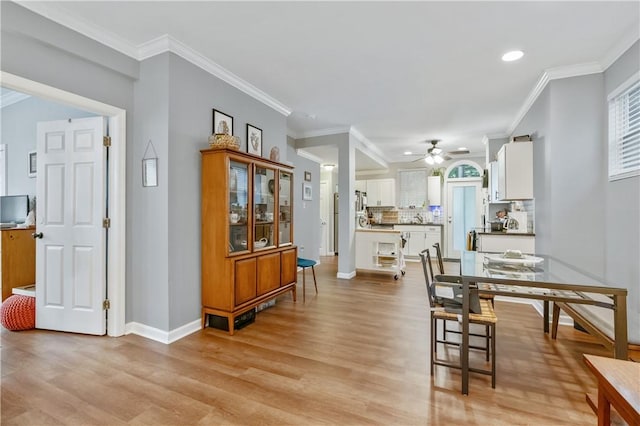 1503 Kenberma Ave, Beechview, PA 15216 - dining area featuring a ceiling fan, light wood finished floors, baseboards, recessed lighting, and crown molding
