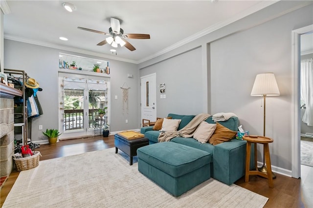 1503 Kenberma Ave, Beechview, PA 15216 - living area with ceiling fan, wood finished floors, a fireplace, ornamental molding, and baseboards