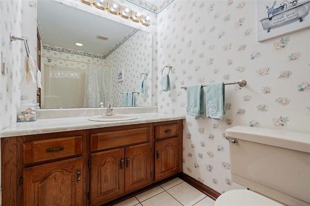 409 Forest Trails Dr, Mccandless, PA 15090 - bathroom featuring wallpapered walls, vanity, tile patterned floors, and curtained shower