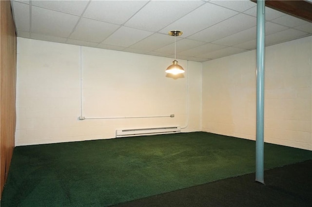 7 Windridge Dr, Uniontown, PA 15401 - basement with carpet, a baseboard heating unit, and a drop ceiling