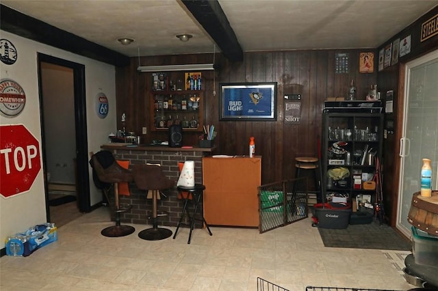5 Moyer Ave, Scottdale, PA 15683 - indoor dry bar featuring wood walls, beamed ceiling, and tile patterned floors