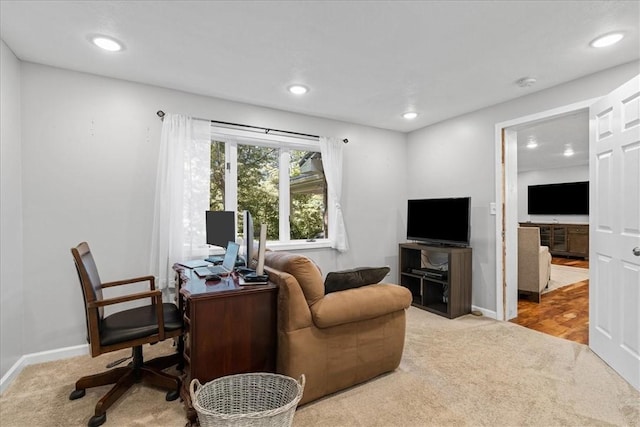 259 Old Blackhawk Rd, Chippewa Twp, PA 15010 - carpeted living room with recessed lighting, baseboards, and a desk