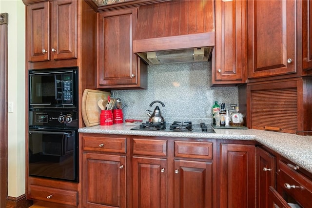 26 Indian Fields Trl, Lower Burrell, PA 15068 - kitchen with black appliances, custom exhaust hood, decorative backsplash, light countertops, and brown cabinets