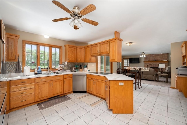 258 Smith Rd, Connoquenessing Twp, PA 16053 - kitchen featuring ceiling fan, a sink, a peninsula, tasteful backsplash, and dishwasher