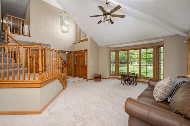 258 Smith Rd, Connoquenessing Twp, PA 16053 - living room with high vaulted ceiling, carpet flooring, ceiling fan, stairway, and baseboards