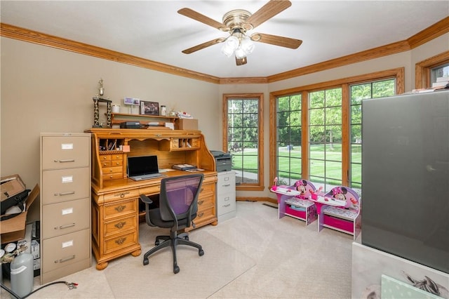 258 Smith Rd, Connoquenessing Twp, PA 16053 - office featuring light colored carpet, plenty of natural light, crown molding, and a ceiling fan