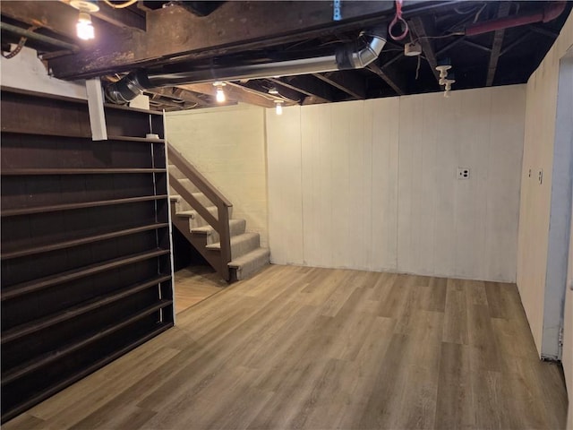 518 Waddell Ave, Clairton, PA 15025 - unfinished basement featuring stairway, wood finished floors, and wood walls