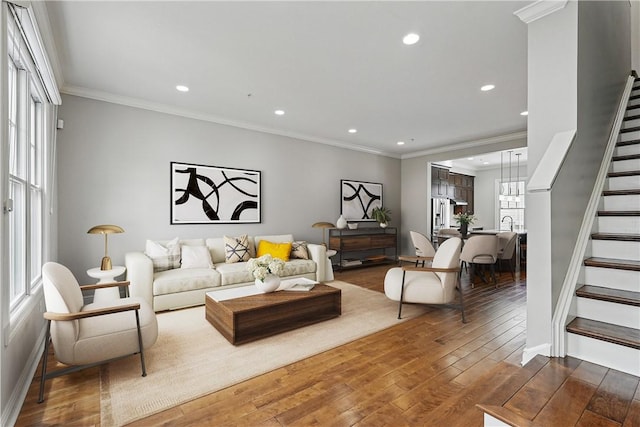 1621 Overton Ln, Squirrel Hill, PA 15217 - living area with stairway, recessed lighting, hardwood / wood-style floors, crown molding, and baseboards