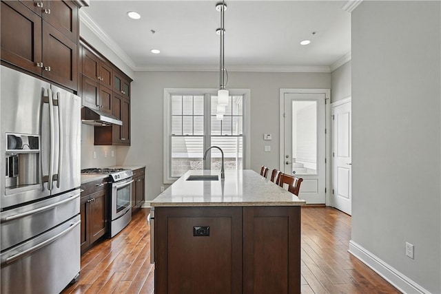 1621 Overton Ln, Squirrel Hill, PA 15217 - kitchen with stainless steel appliances, a sink, under cabinet range hood, wood finished floors, and dark brown cabinets