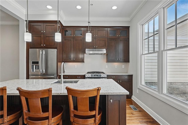 1621 Overton Ln, Squirrel Hill, PA 15217 - kitchen featuring appliances with stainless steel finishes, under cabinet range hood, a sink, dark wood-style floors, and healthy amount of natural light