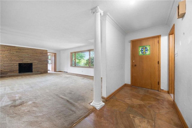 194 Southvue Dr, Whitehall, PA 15236 - foyer with decorative columns, baseboards, ornamental molding, and a fireplace