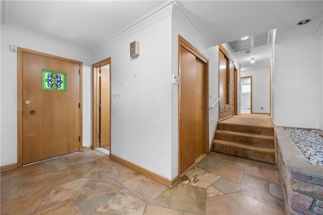 194 Southvue Dr, Whitehall, PA 15236 - foyer with light stone finish floors, baseboards, ornamental molding, and stairway