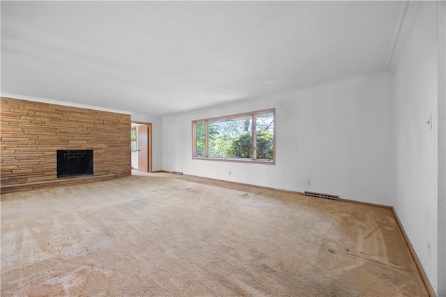 194 Southvue Dr, Whitehall, PA 15236 - unfurnished living room featuring carpet floors, a fireplace, crown molding, and baseboards