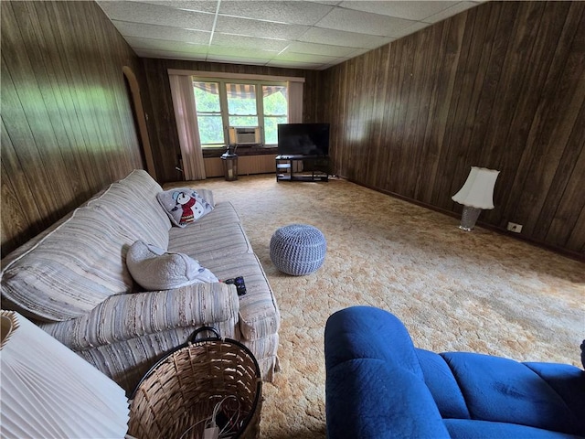 229 Bluff St, Canonsburg, PA 15317 - living room with wooden walls, light carpet, cooling unit, and radiator heating unit