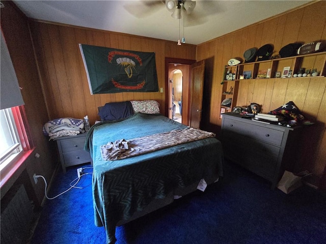 229 Bluff St, Canonsburg, PA 15317 - bedroom featuring wooden walls, dark colored carpet, billiards table, and ceiling fan