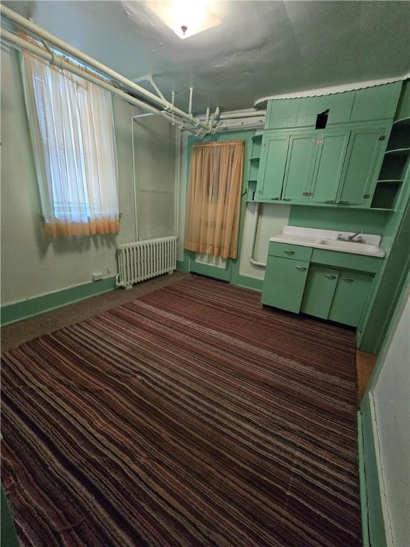 229 Bluff St, Canonsburg, PA 15317 - laundry room with radiator, dark carpet, cabinet space, and baseboards