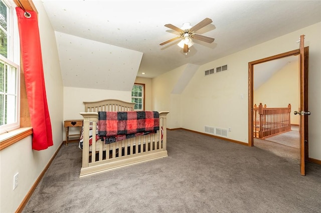 40 Walter Rd, Pine Twp Mer, PA 16127 - carpeted bedroom featuring baseboards, vaulted ceiling, and ceiling fan