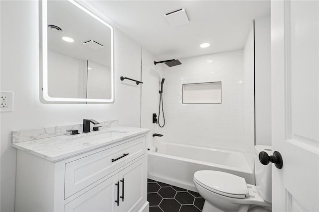 1004 Government Rd, Penn Twp Wml, PA 15642 - bathroom with toilet, vanity, bathtub / shower combination, tile patterned floors, and recessed lighting