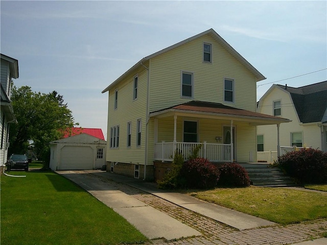 152 E Garrett St, Somerset Twp, PA 15501 - view of front facade featuring driveway, a porch, an outdoor structure, a front yard, and a detached garage