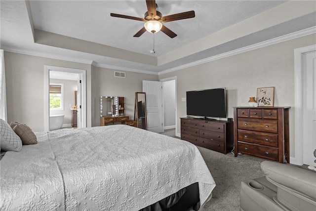 582 Forest Oaks Trl, North Huntingdon, PA 15642 - bedroom featuring a raised ceiling, carpet flooring, crown molding, connected bathroom, and a ceiling fan