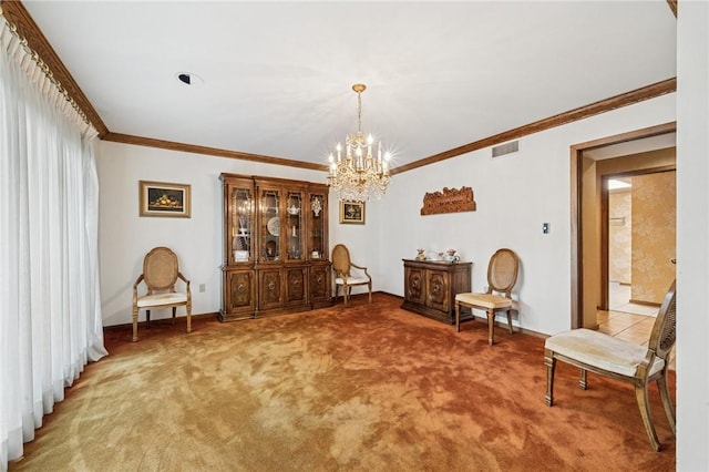 436 Lakewood Rd, Hempfield Twp Wml, PA 15601 - living area with a chandelier, crown molding, light colored carpet, and baseboards