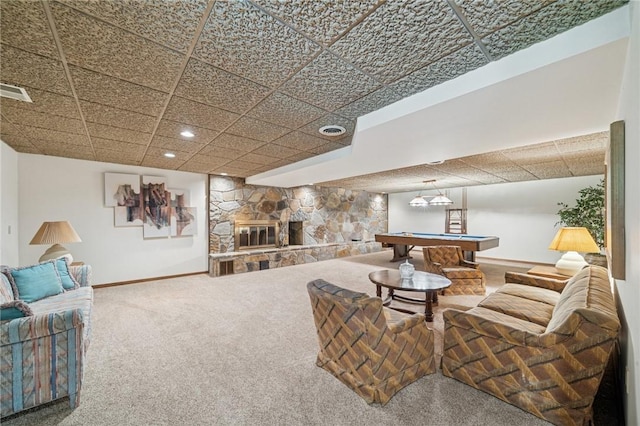 436 Lakewood Rd, Hempfield Twp Wml, PA 15601 - living room featuring baseboards, carpet, billiards table, recessed lighting, and a stone fireplace
