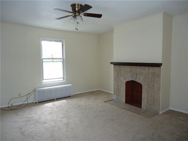 30 Coulter St, Crafton, PA 15205 - unfurnished living room featuring radiator heating unit, a tile fireplace, carpet floors, ceiling fan, and baseboards