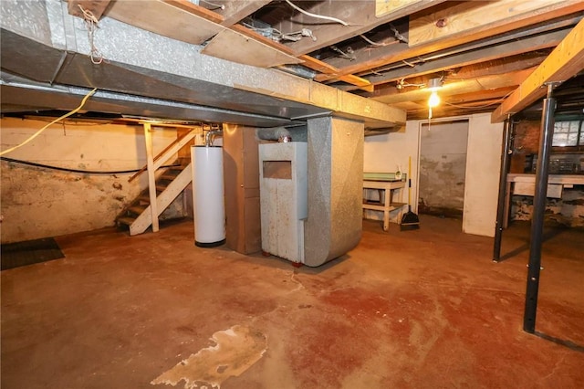 409 Summit St, Grove City Boro, PA 16127 - unfinished basement with gas water heater, stairs, and heating unit