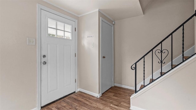 150 Hawthorne, West View, PA 15229 - entrance foyer with baseboards, wood finished floors, stairs, and ornamental molding