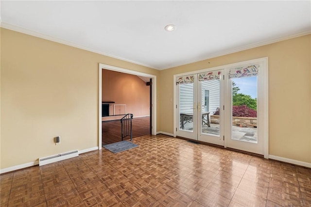 378 Stoneylonesome Rd, Cook Twp, PA 15687 - unfurnished room with a baseboard radiator, crown molding, baseboards, recessed lighting, and french doors