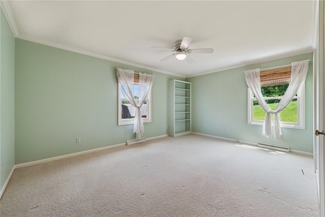378 Stoneylonesome Rd, Cook Twp, PA 15687 - spare room featuring baseboard heating, a ceiling fan, carpet, ornamental molding, and baseboards