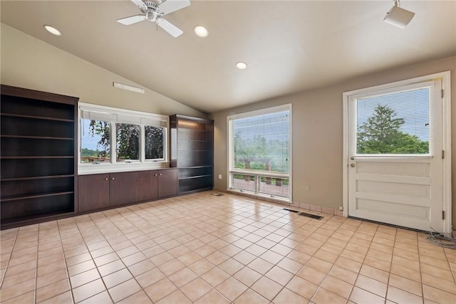 378 Stoneylonesome Rd, Cook Twp, PA 15687 - interior space featuring light tile patterned floors, recessed lighting, ceiling fan, and vaulted ceiling