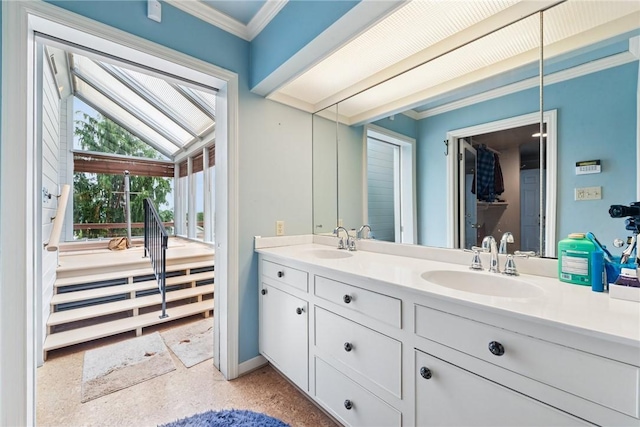 378 Stoneylonesome Rd, Cook Twp, PA 15687 - full bath with double vanity, ornamental molding, speckle patterned floor, and baseboards