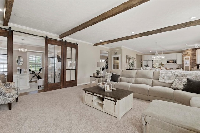 106 Fineview Cir, Brighton Twp, PA 15009 - living room featuring a barn door, beamed ceiling, light carpet, recessed lighting, and crown molding