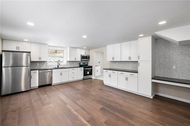 155 Old E Butler Rd, Summit Twp But, PA 16002 - kitchen with appliances with stainless steel finishes, a sink, dark countertops, dark wood finished floors, and decorative backsplash