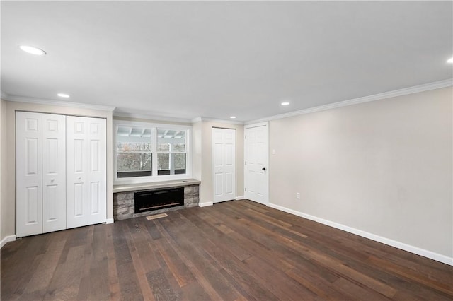 155 Old E Butler Rd, Summit Twp But, PA 16002 - unfurnished living room featuring crown molding, baseboards, dark wood finished floors, recessed lighting, and a fireplace