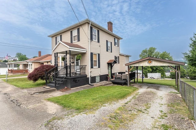 124 Clarendon Ave, South Union Twp, PA 15401 - traditional style home featuring a detached carport, a chimney, driveway, and outdoor lounge area