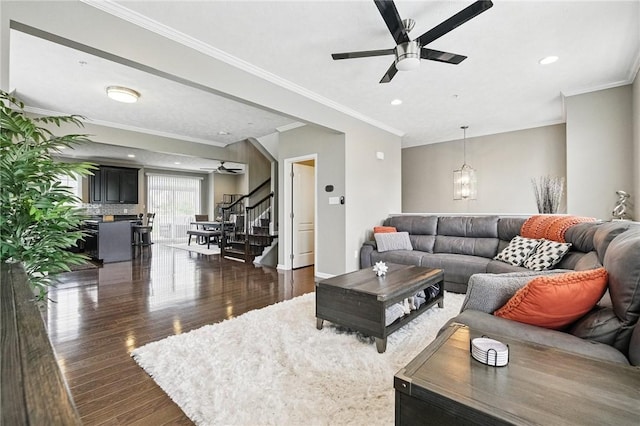 228 Eagle Dr, Cranberry Twp, PA 16066 - living area with a ceiling fan, stairs, wood finished floors, a chandelier, and recessed lighting