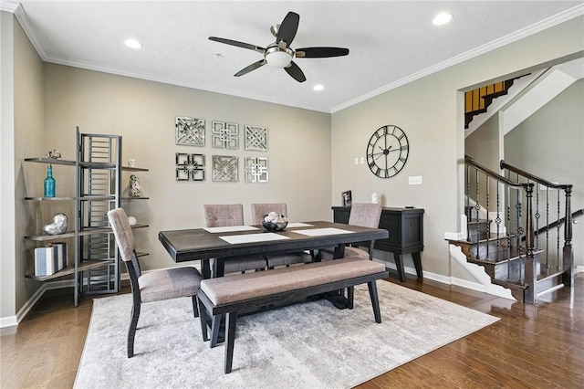 228 Eagle Dr, Cranberry Twp, PA 16066 - dining space with stairway, wood finished floors, baseboards, recessed lighting, and ceiling fan