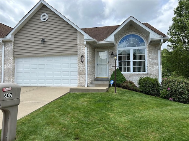 607 Crestview Ln, Lower Burrell, PA 15068 - single story home with brick siding, driveway, an attached garage, a front yard, and roof with shingles