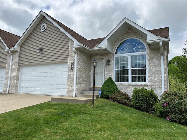 607 Crestview Ln, Lower Burrell, PA 15068 - ranch-style house with brick siding, an attached garage, concrete driveway, a front yard, and roof with shingles