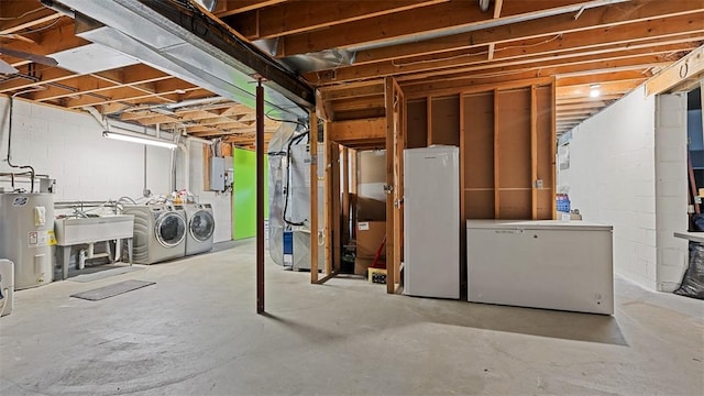 201 Clarke Rd, Buffalo Twp Wsh, PA 15323 - unfinished below grade area featuring refrigerator, independent washer and dryer, electric water heater, electric panel, and heating unit